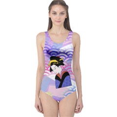 Japanese Abstract Blue One Piece Swimsuit by snowwhitegirl