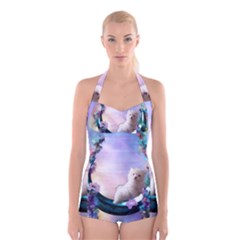 Cute Little Maltese Puppy On The Moon Boyleg Halter Swimsuit 