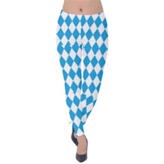 Oktoberfest Bavarian Blue And White Large Diagonal Diamond Pattern Velvet Leggings by PodArtist