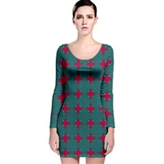 Mod Teal Red Circles Pattern Long Sleeve Velvet Bodycon Dress