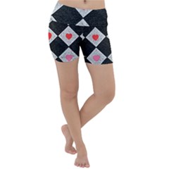 Diamonds Hearts Mosaic Pattern Lightweight Velour Yoga Shorts by Simbadda