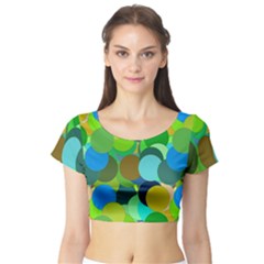 Green Aqua Teal Abstract Circles Short Sleeve Crop Top