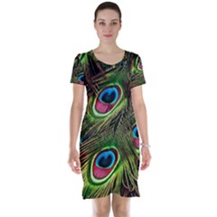 Peacock Feathers Color Plumage Short Sleeve Nightdress by Celenk