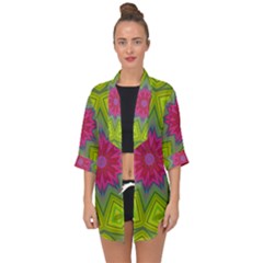 Green Pink Abstract Art Abstract Background Open Front Chiffon Kimono