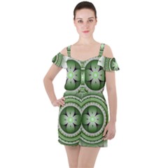 Ractal Mandala Green Purple Ruffle Cut Out Chiffon Playsuit by Simbadda