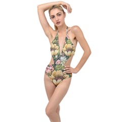 Retro Vintage Floral Plunging Cut Out Swimsuit