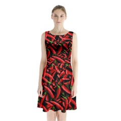 Red Chili Peppers Pattern Sleeveless Waist Tie Chiffon Dress by bloomingvinedesign