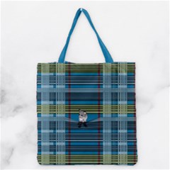 Playing With Plaid Kitten (blue) Pattern Grocery Tote Bag by emilyzragz