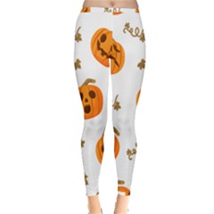 Funny Spooky Halloween Pumpkins Pattern White Orange Inside Out Leggings by HalloweenParty