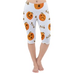 Funny Spooky Halloween Pumpkins Pattern White Orange Lightweight Velour Cropped Yoga Leggings by HalloweenParty