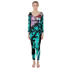 Graffiti Woman And Monsters Turquoise Cyan And Purple Bright Urban Art With Stars Long Sleeve Catsuit by genx