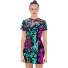 Graffiti Woman And Monsters Turquoise Cyan And Purple Bright Urban Art With Stars Drop Hem Mini Chiffon Dress by genx