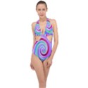 Groovy Abstract Red Swirl On Purple And Pink Halter Front Plunge Swimsuit View1