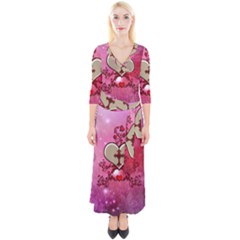 Wonderful Hearts With Floral Elements Quarter Sleeve Wrap Maxi Dress by FantasyWorld7