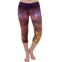 Cosmic Astronomy Sky With Stars Orange Brown And Yellow Capri Yoga Leggings by genx