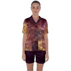 Cosmic Astronomy Sky With Stars Orange Brown And Yellow Satin Short Sleeve Pyjamas Set by genx