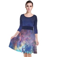 Lagoon Nebula Interstellar Cloud Pastel Pink, Turquoise And Yellow Stars Quarter Sleeve Waist Band Dress by genx