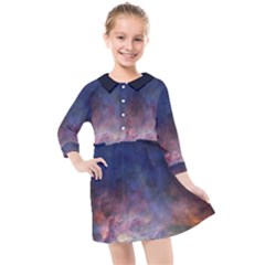 Lagoon Nebula Interstellar Cloud Pastel Pink, Turquoise And Yellow Stars Kids  Quarter Sleeve Shirt Dress by genx