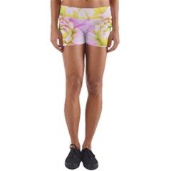 Pretty Pink, White And Yellow Cactus Dahlia Macro Yoga Shorts