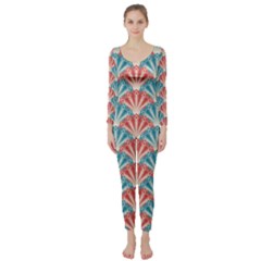 Seamless Patter Peacock Feathers Long Sleeve Catsuit by Wegoenart