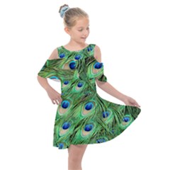 Peacock Feathers Peafowl Kids  Shoulder Cutout Chiffon Dress