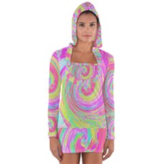 Groovy Abstract Pink And Blue Liquid Swirl Painting Long Sleeve Hooded T-shirt by myrubiogarden