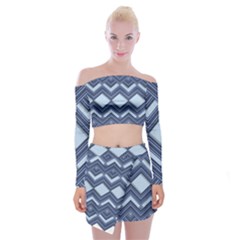 Textile Texture Fabric Zigzag Blue Off Shoulder Top With Mini Skirt Set by Pakrebo