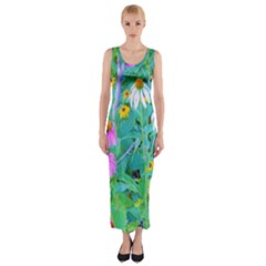 White And Purple Coneflowers And Yellow Rudbeckia Fitted Maxi Dress by myrubiogarden