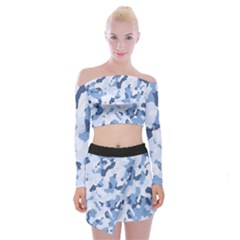 Standard Light Blue Camouflage Army Military Off Shoulder Top With Mini Skirt Set by snek