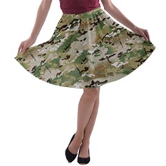 Wood Camouflage Military Army Green Khaki Pattern A-line Skater Skirt by snek