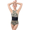 Wood camouflage military army green khaki pattern Cross Front Low Back Swimsuit View1