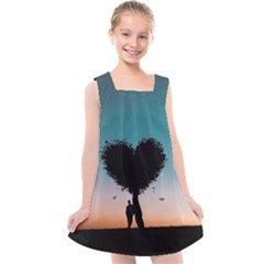 Tree Heart At Sunset Kids  Cross Back Dress by WensdaiAmbrose