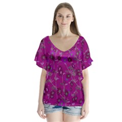 Wine Flora   V-neck Flutter Sleeve Top by 1dsign