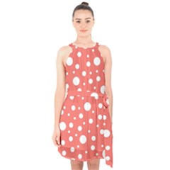 Polka Dot On Living Coral Halter Collar Waist Tie Chiffon Dress by LoolyElzayat