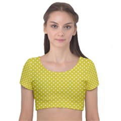 Yellow Polka Dot Velvet Short Sleeve Crop Top  by retrotoomoderndesigns