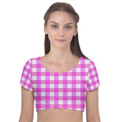 Gingham Duo Fuschia On Pink Velvet Short Sleeve Crop Top  by retrotoomoderndesigns