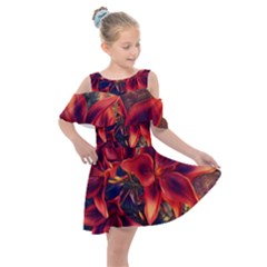 Red Lillies Bloom Flower Plant Kids  Shoulder Cutout Chiffon Dress