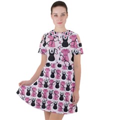 Waitress Uniform Dresses Nerdy Glasses Pattern Pink Short Sleeve Shoulder Cut Out Dress  by snowwhitegirl