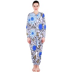 Vintage White Blue Flowers Onepiece Jumpsuit (ladies)  by snowwhitegirl