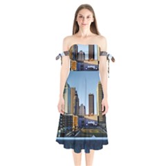 Columbus Skyline Shoulder Tie Bardot Midi Dress by Riverwoman