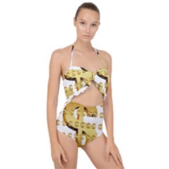 Dollar Money Gold Finance Sign Scallop Top Cut Out Swimsuit by Mariart