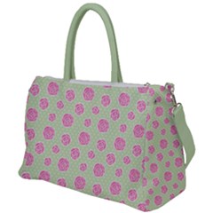 Roses Flowers Pink And Pastel Lime Green Pattern With Retro Dots Duffel Travel Bag by genx