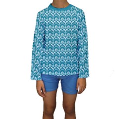 Easter Damask Pattern Deep Teal Blue And White Kids  Long Sleeve Swimwear by emilyzragz