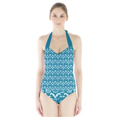 Easter Damask Pattern Deep Teal Blue And White Halter Swimsuit by emilyzragz