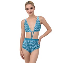 Easter Damask Pattern Deep Teal Blue And White Tied Up Two Piece Swimsuit by emilyzragz