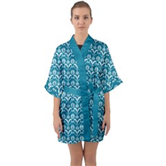 Easter Damask Pattern Deep Teal Blue And White Quarter Sleeve Kimono Robe by emilyzragz