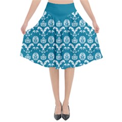 Easter Damask Pattern Deep Teal Blue And White Flared Midi Skirt by emilyzragz