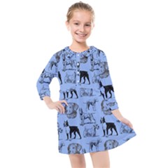 Dog Pattern Blue Kids  Quarter Sleeve Shirt Dress