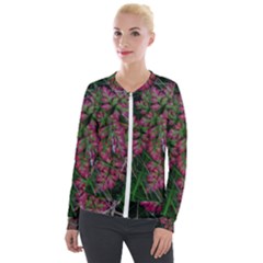 Pink-fringed Leaves Velour Zip Up Jacket