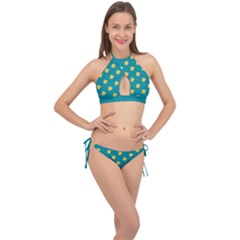 Toast With Cheese Pattern Turquoise Green Background Retro Funny Food Cross Front Halter Bikini Set